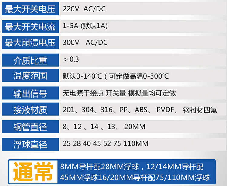 高溫浮球液位計技術(shù)參數(shù)對照表